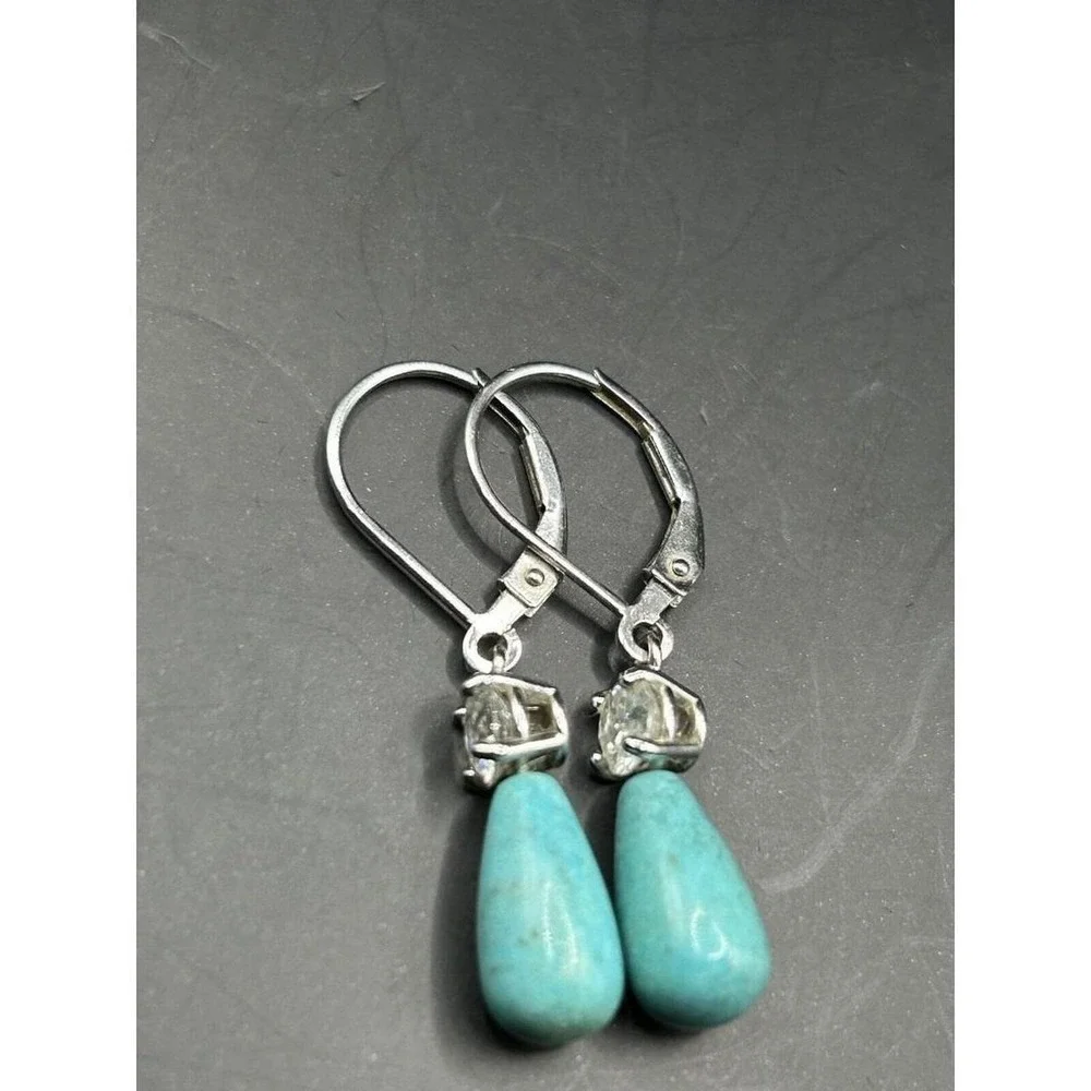 Turquois 925 Sterling Silver CZ  Dangle Drop Earrings 2.15 Grams